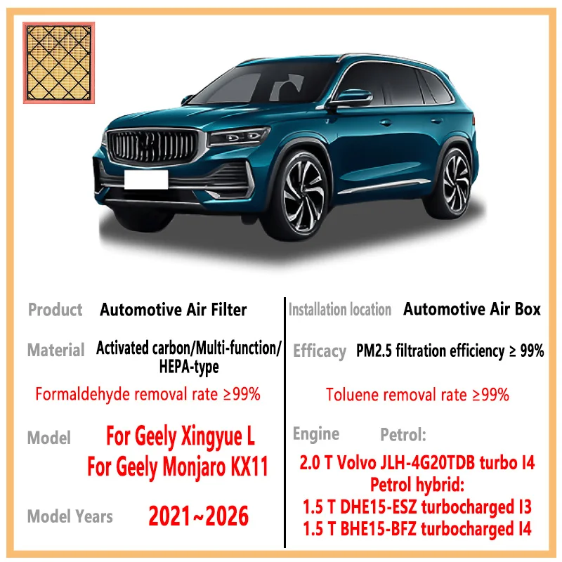 فلتر هواء للسيارات فلتر هواء محرك السيارة لجيلي شينغيو L/Monjaro KX11 2021 ~ 2026 1.5T طقم مرشح المقصورة الكربونية قطع غيار السيارات #2