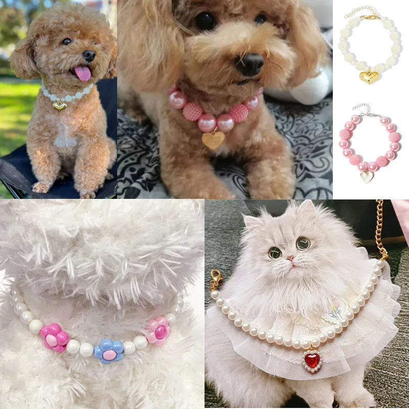 

Puppy Cat Collar Bling Rhinestone Colorful Dog Pet Accessories Supplies Heart Pendant Pearl Dog Necklace Collar Fashion Jeweled