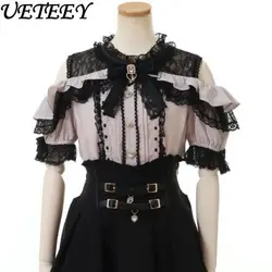 Summer New Shirt Top Women Lolita Japanese Style Mine Off-Shoulder Lace Ruffle Sleeve Color-Blocking Bow Blouse Camisa Feminina