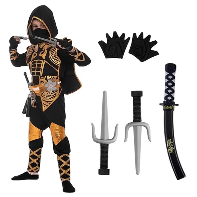 

Gold Ninja Costume Boys Halloween Japanese Samurai Cosplay Costumes Ninja Jumpsuit with Ninja Foam Accessories Party Clothes