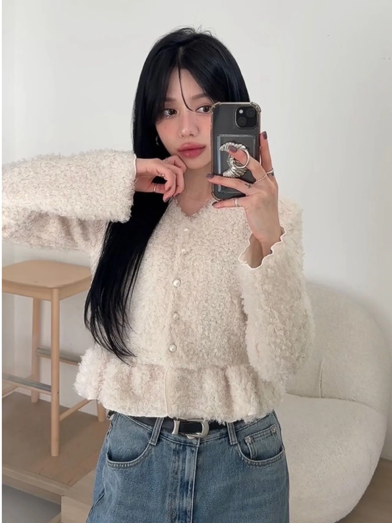 

East Gate Little Fraance Sle Knitted Pearl Buttoned Svel ort Coat Women's Soft Plu Cardigan Spring Autumn Winter