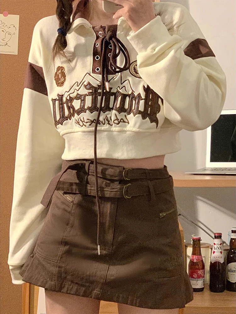 

Толстовка с американским воротником и вышивкой в стиле ретро, женский утягивающий топ маленького размера для пикантных девушек, весна-осень-зима, новый S...