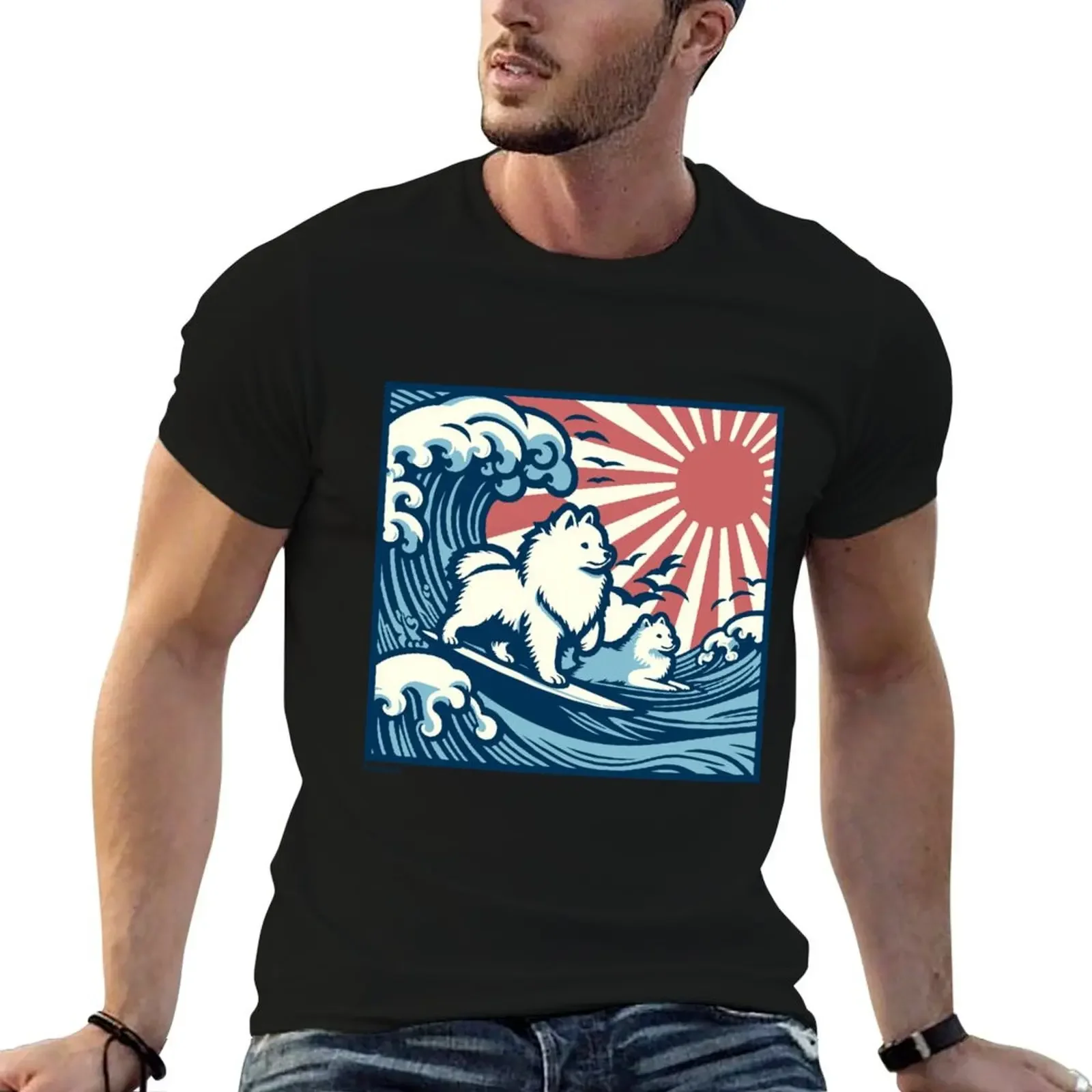 Japanese Spitz Dogs surfing the Great Wave - JDM T-Shirt custom shirt anime t shirts Aesthetic clothing clothes for men