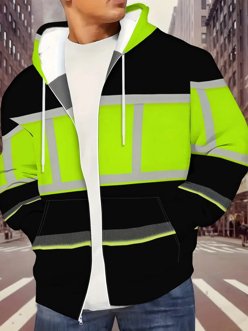 Herren 3D-Druck Neues Sicheres Logo Farbblock-Design Reißverschluss-Hoodie Lässiger Langarm-Pullover Arbeitskleidung Kapuzenpullover – Detail 3