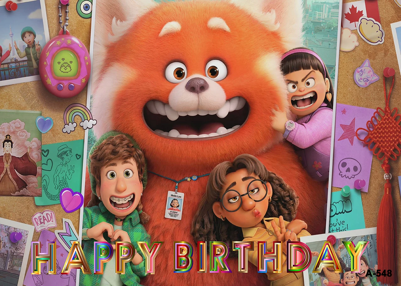 Turning Red Movie Poster for Kids Room Decoration Vinyl Happy Birthday Red Panda with Friends Banner for Party Supplies