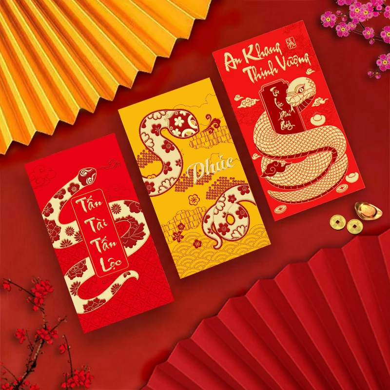 6 Stuks Korte Jaar Van De Slang Lente Festival Rode Envelop Gift Chinese Geld Enveloppen 2025 Papier Fengshui Hongbao Zakken