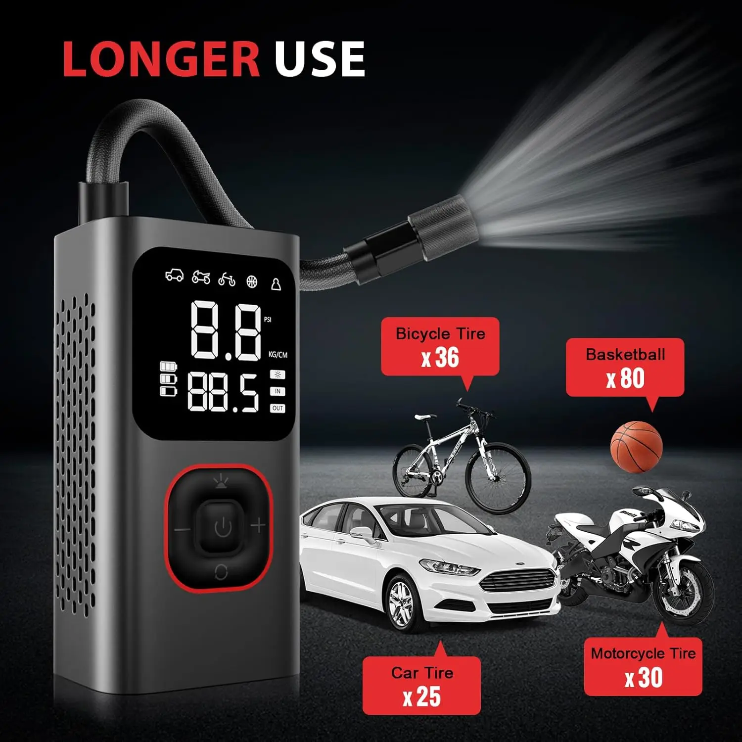 منفاخ إطارات محمول 150 رطل لكل بوصة مربعة مضخة هواء لاسلكية مع إيقاف تلقائي، شاشة LCD مزدوجة، مقياس ضغط للسيارات والدراجات النارية والدراجات #3