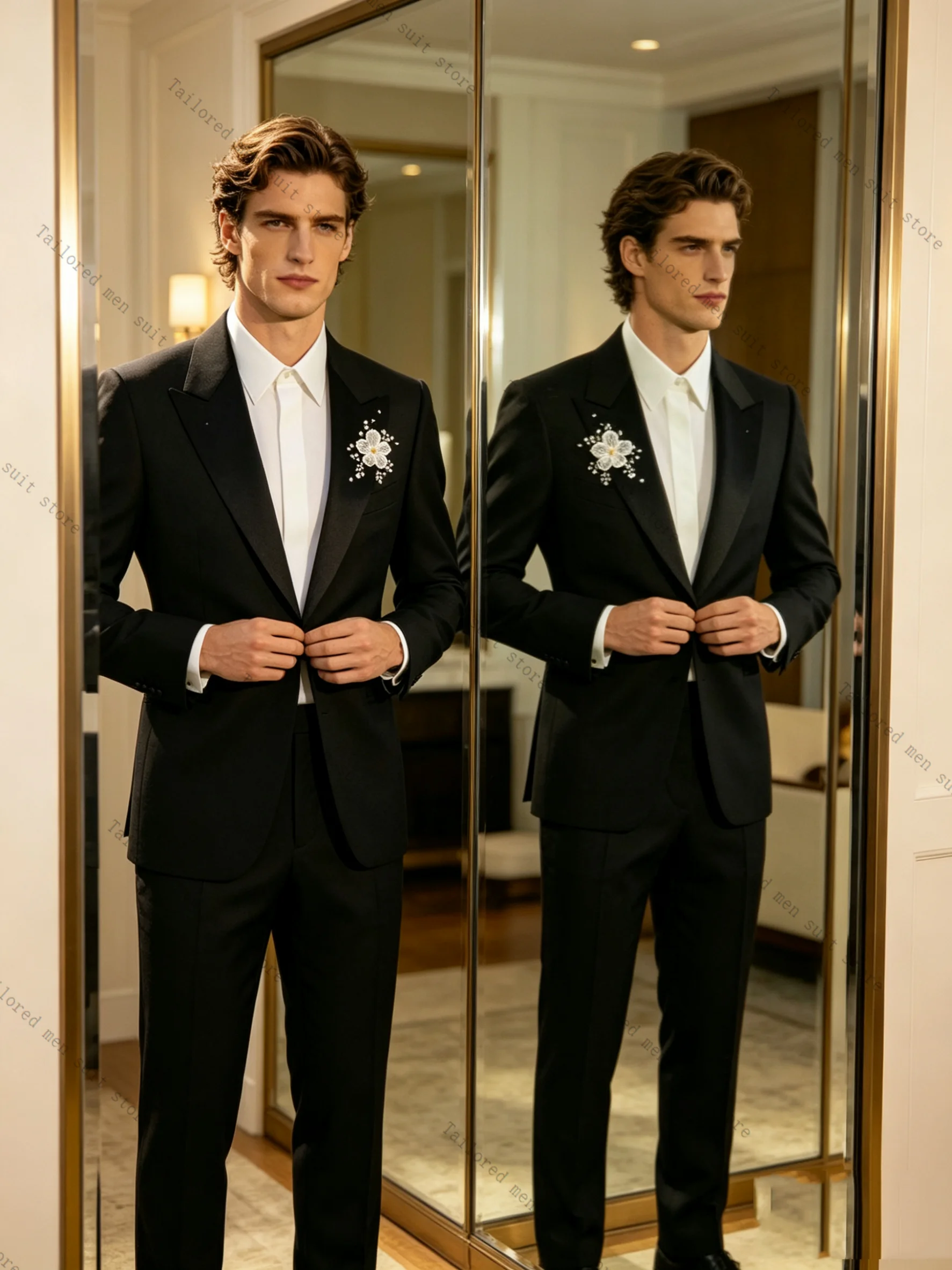 黒の春用メンズスーツパンツセット 2ピース ブレザー+トラウ - Men Formal Wear Black And White のレビューと価格