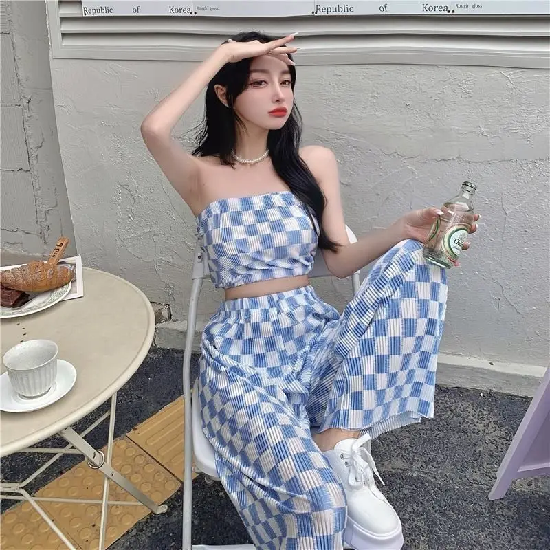 2 Piece Set Women Strapless Crop Top + Wide Leg Pants Suits Female Sexy Outfits For Woman Ins New Summer Fashion Casual Plaid
