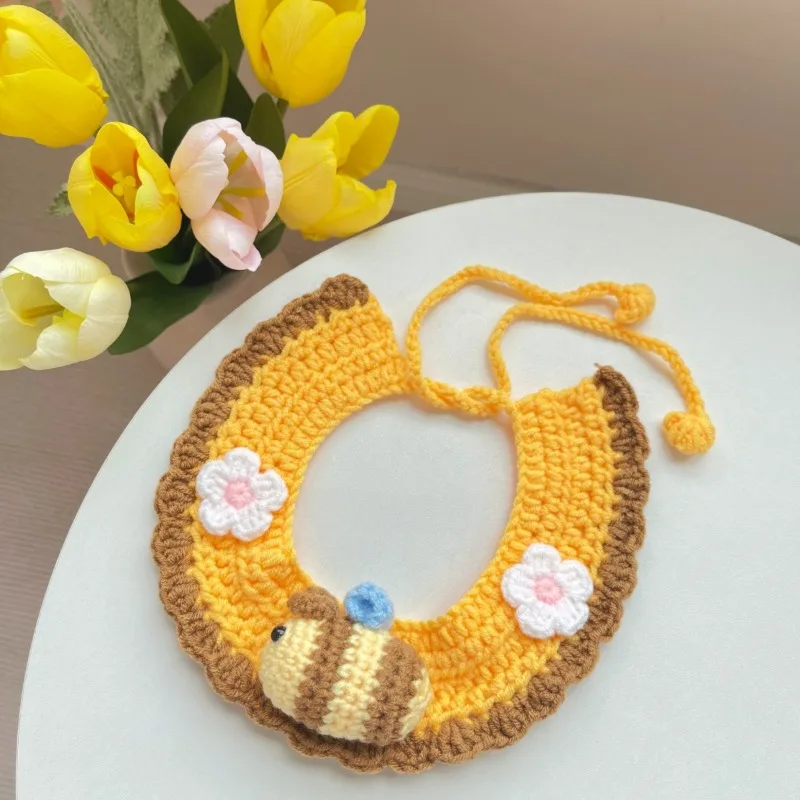 

Knitted Cute Little Bee Cat Collar Dog Neck Pure Handmade Small Dog Adjustable Scarf Bib Kitten Bibs