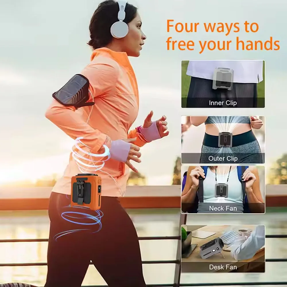 Taillenclip-Ventilator, tragbarer Mini-Halsventilator zum Aufhängen, wiederaufladbarer USB-Ventilator, kleiner Outdoor-Camping-Taillenventilator mit Powerbank, LED-Licht