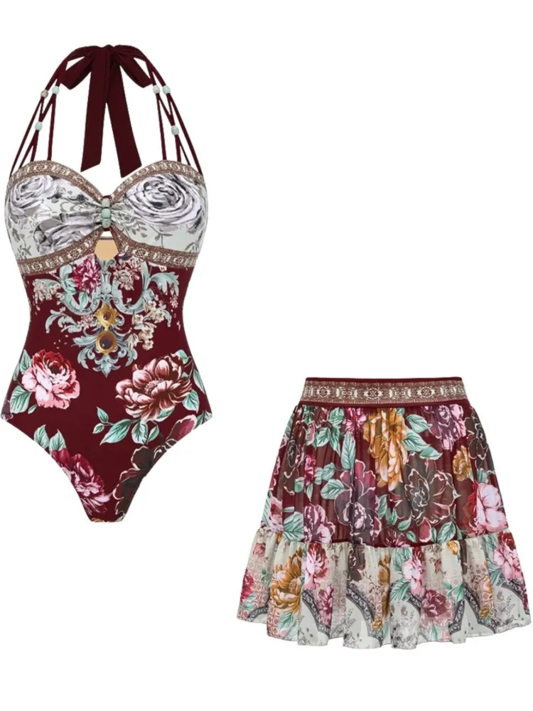 Retro Bikini Printed Fashion Two Piece Swimsuit And Cover Up With Skirt Tight Women's Bandage Summer Beach Luxury Elegant