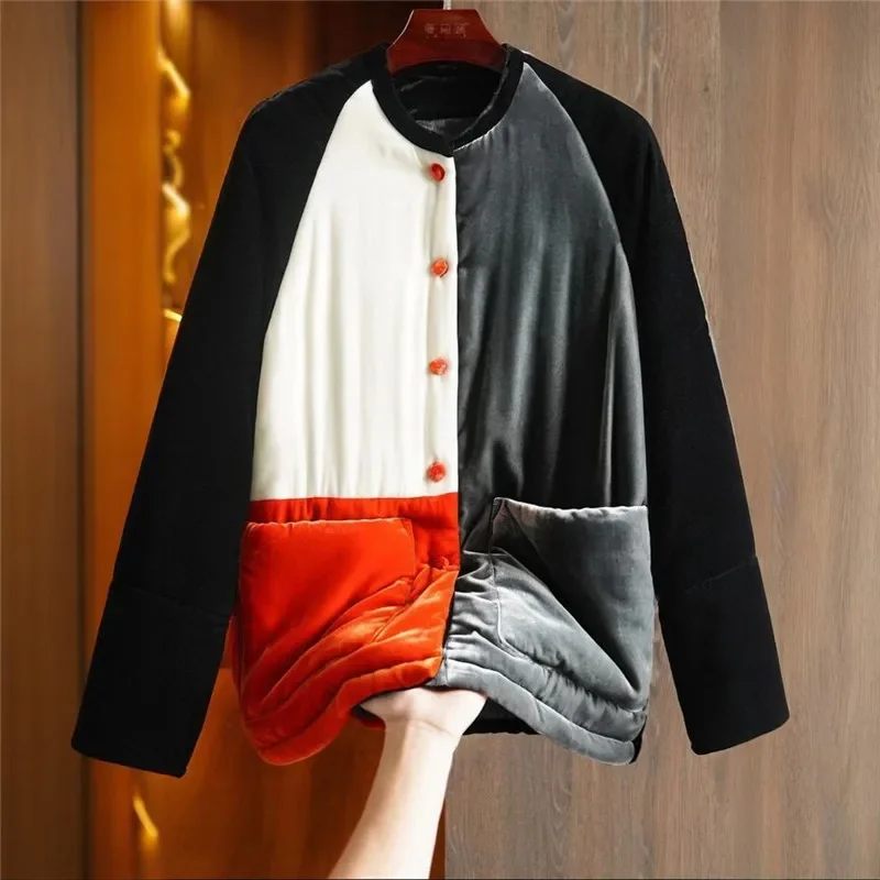 Winter New Velvet Cotton Womens Clothing Color Block Loose Jacket Women Warm Raglan Sleeve Coat Chinese Style