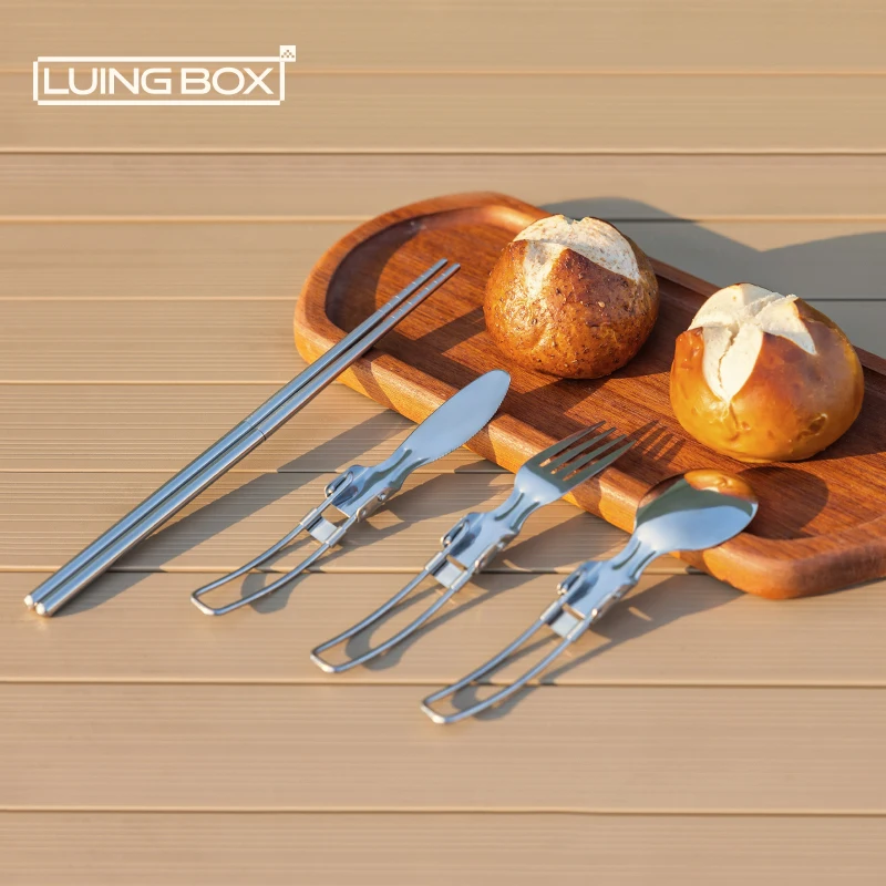 

LUINGBOX Outdoor Tableware 304 Stainless Steel Folding Chopsticks Knife Fork Spoon Set Portable Camping Travel Tableware Set