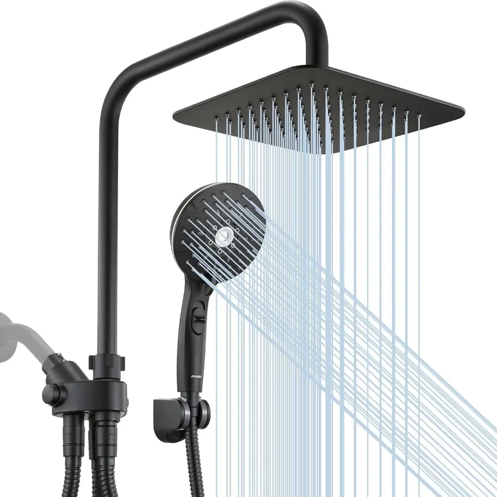 Dual Shower Head Combo, Black 8'' High Pressure Rain/Rainfall Shower Head,5 Settings Adjustable Handheld Showers,Holder/59’‘Hose