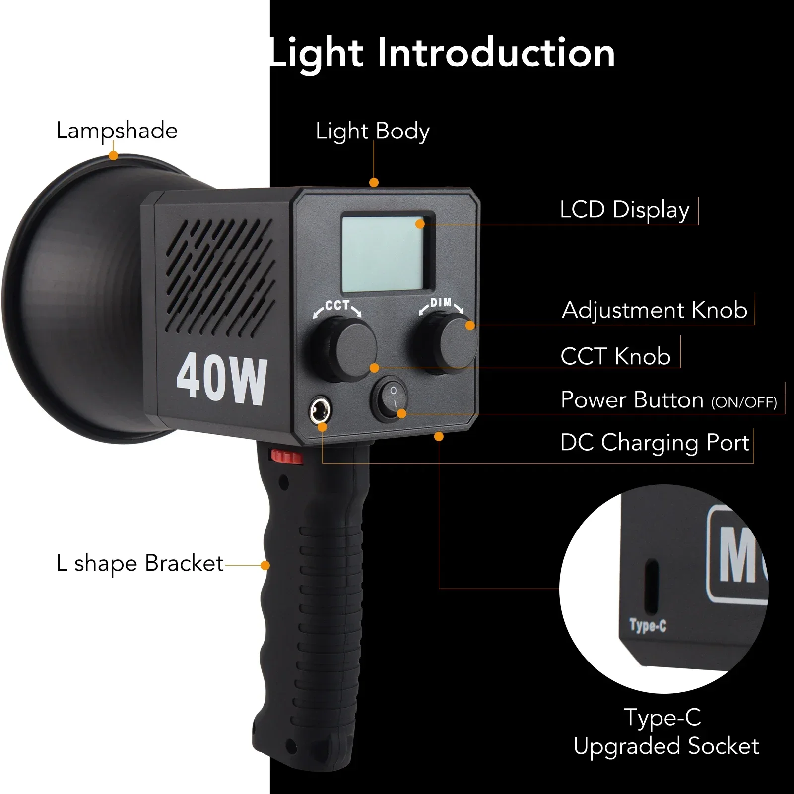 M60 Handle Photo Studio Light COB Bi-Color CCT 2500-8500K CRI≥95 TLCI≥97 With diffuser LED Video Lights Vlog Shoot Fill Lighting