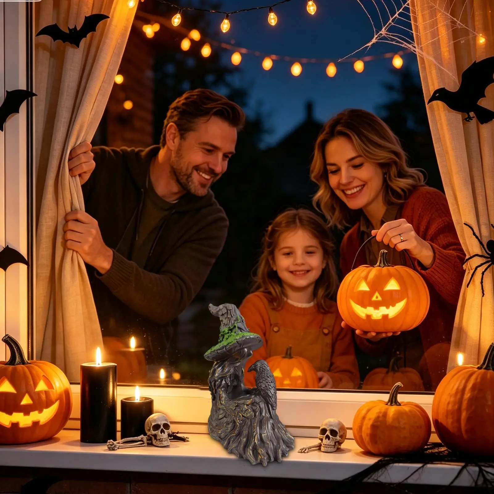 Witch Statue Gothic Retro Battery Operated LED Raven Figurine Halloween Witch Decor For Bedroom Living Room Table Shelf Mantel