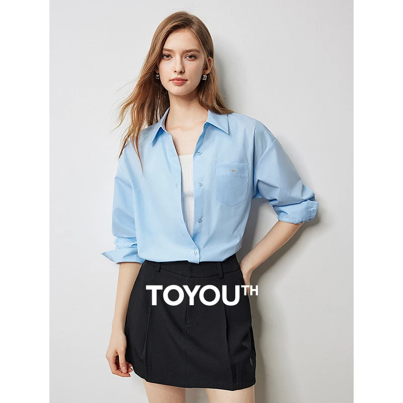 TOYOUTH Women Blouse Shirt 2024 Autumn New Long Sleeve Minimalist Polo Neck Workwear Shirt Tops