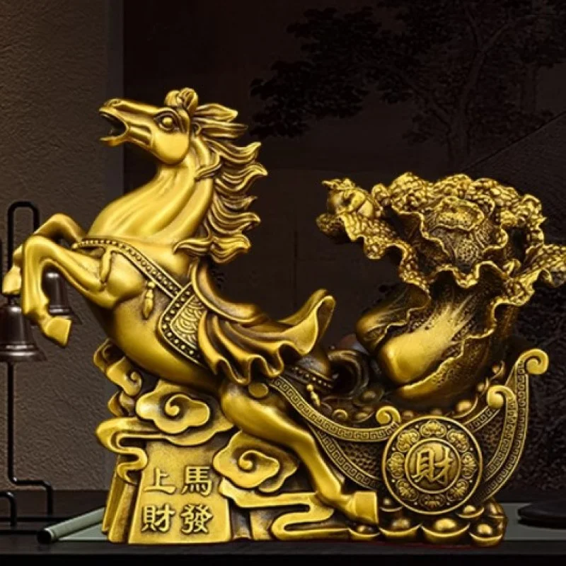 Brass Horse Desktop Ornament, Zodiac Horse Amulet, Horse and Cabbage for Abundant Wealth, Store Opening Gift