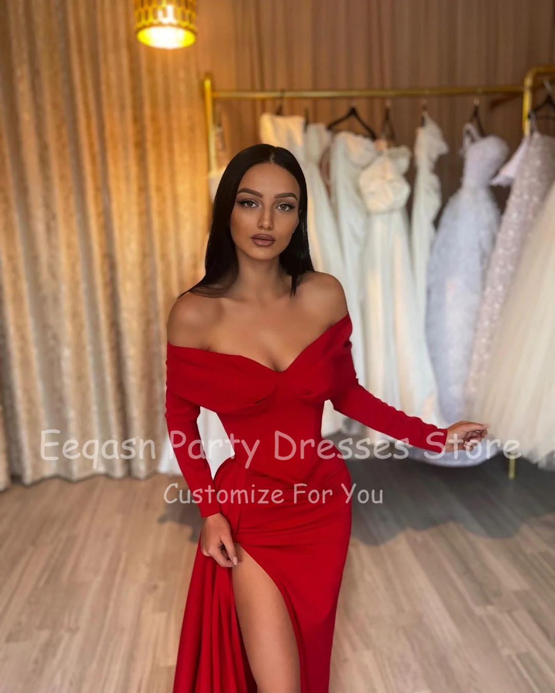 Customized Red Long Sleeves Evening Dresses Mermaid Off The Shoulder Simple Prom Gowns Saudi High Split Women Formal Party Dress