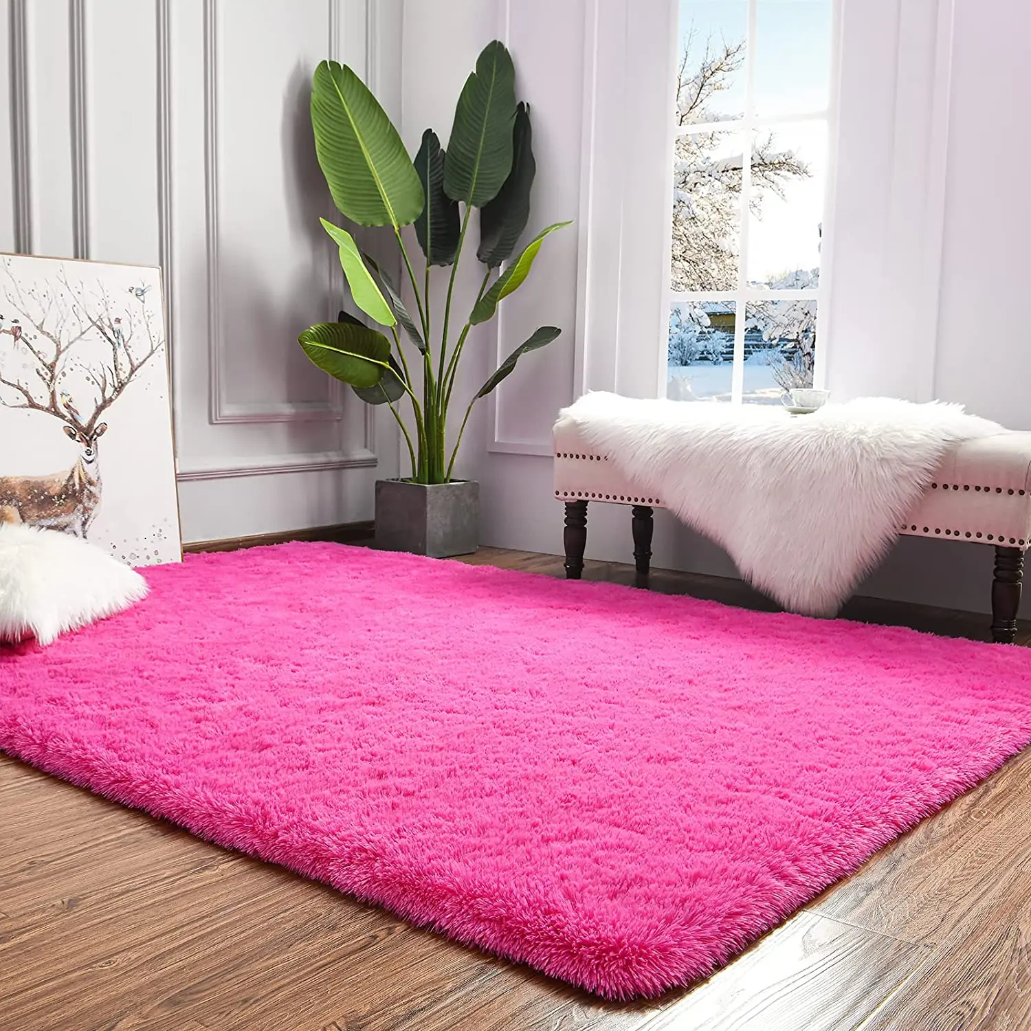 Fluffy Shag Bedroom Rug Hot Pink Area Rugs for Living Room Fuzzy Plush Dorm Rug Furry Carpet for Indoor Modern Soft Home Decor