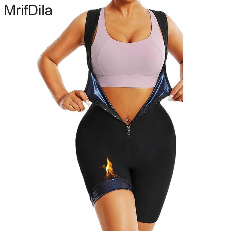 MrifDila One Piece Zipper Jumpsuit Shorts Sweating Vest Women\'s Sauna Jackets Waist Trainer Slimming Full Body Shaper Sauna Suit