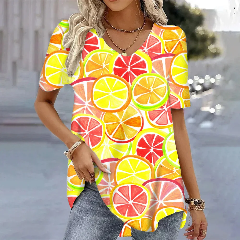 Lemon Printed Women's Casual T-shirts Summer 2024  Popular Clothes Short Sleeve Tees Harajuku V-Neck Pullovers T-shirt