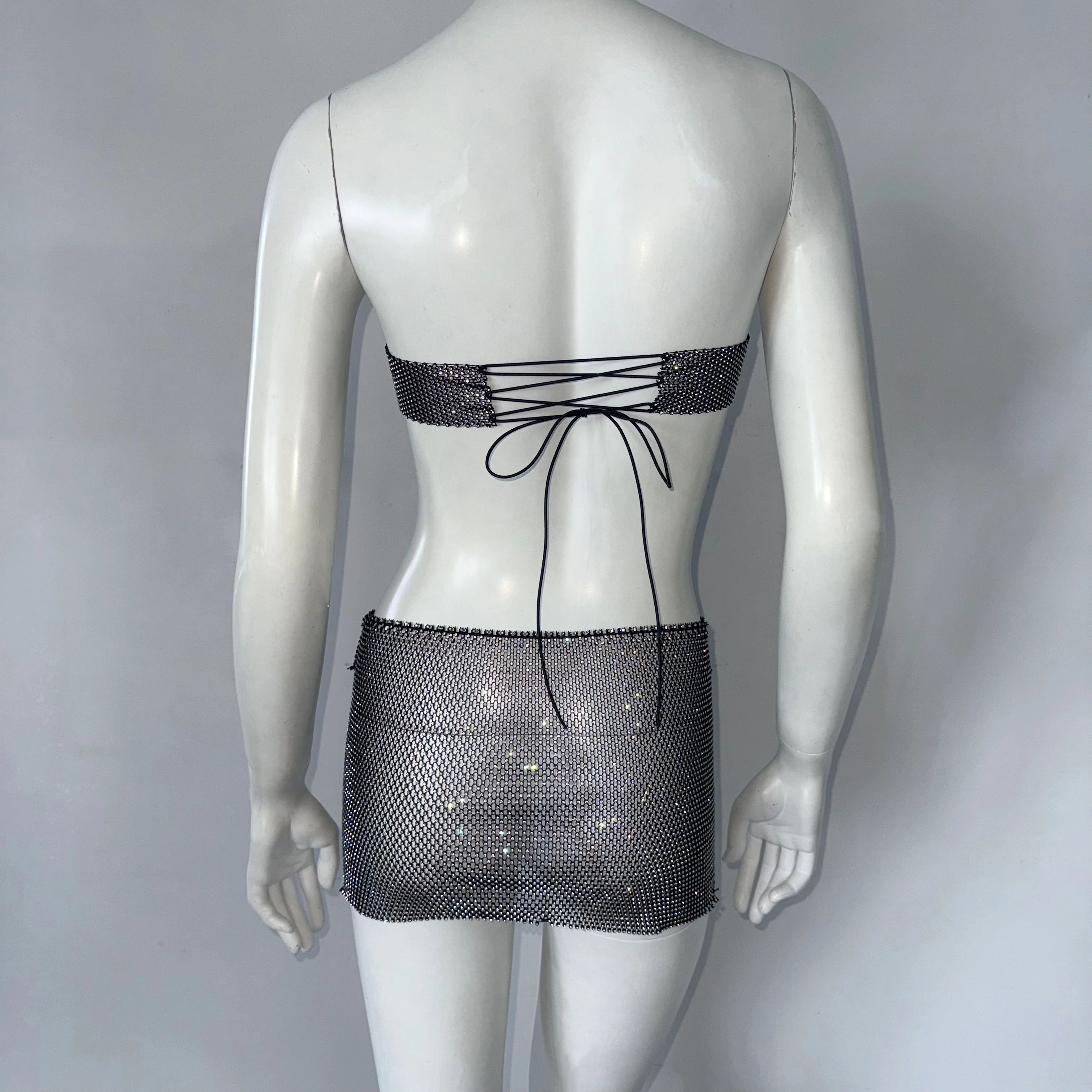 여성 반짝 이는 라인 석 메쉬 타이트 드레스 섹시한 백 레스 붕대 속이 빈 Fishnet Strapless 드레스 파티 클럽 드레스