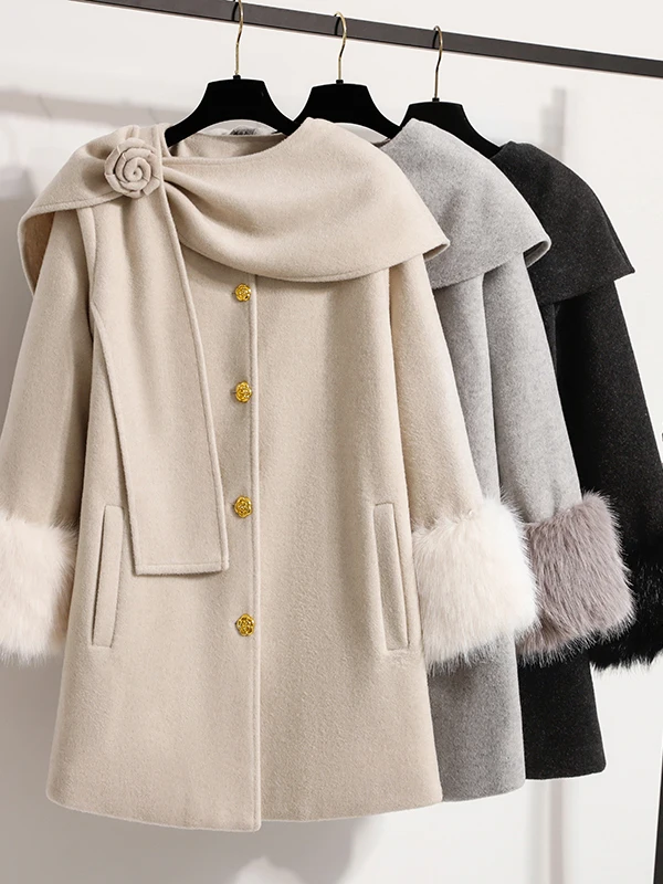 Authentic Rich Girl White Double-Faced Woolen Sleeve Coat Street Style Polyester Wool Blend Thickened Mid-Length Coat for Youth