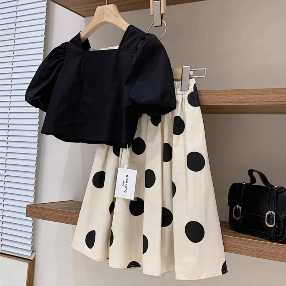 Summer Girls Clothing Set New Children's Cotton Square Neck Bubble Sleeve Top Round Dot Half Skirt 2-piece Set Children's Skirt