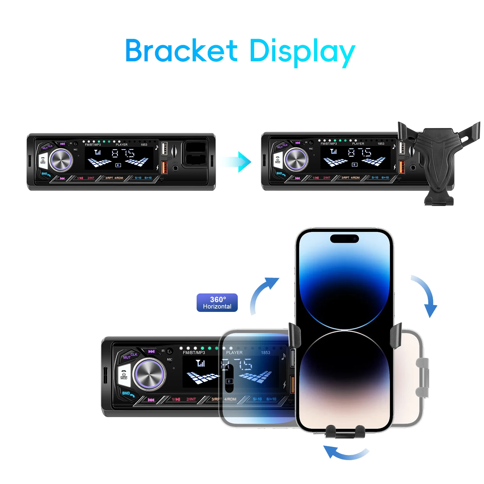 Podofo Auto 1din Audio Radio Bluetooth Stereo MP3-Player FM-Empfänger unterstützt Telefonaufladung AUX/USB/TF-Karte mit Telefonhalterung – Detail 4