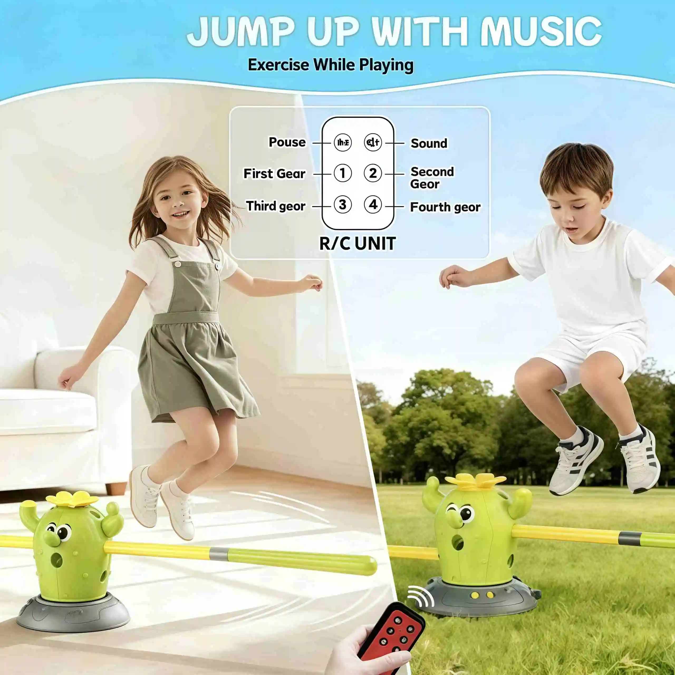 ของเล่นกีฬา 4-in-1 รูปทรงกระบองเพชร (3+): เบสบอล, กระโดด, ขว้าง, ยิง – จรวด 2 ลูก, ลูกบอล 3 ลูก, รีโมท