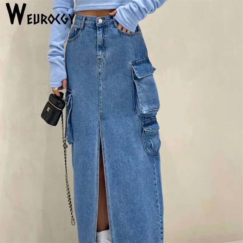 Cargo Jeans Women Skirt 2023 Summer Korean Edition Versatile High Waist Pocket Fashion Long Skirts Vintage Split Casual Skirt