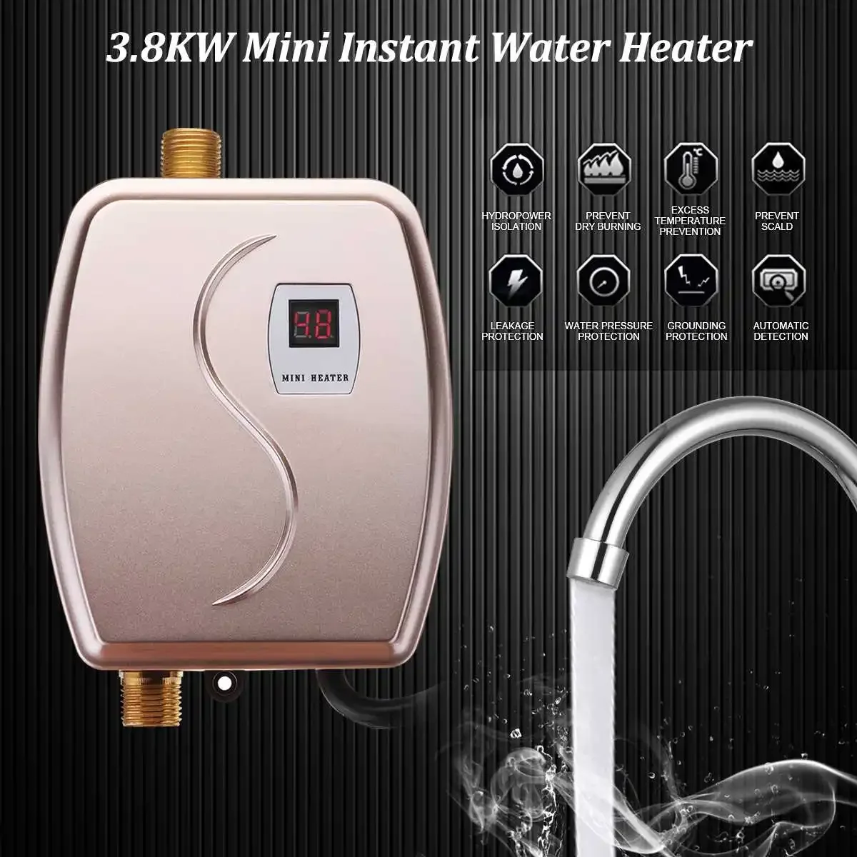 220V 3800W Electric Water Heater Instant Tankless Water Heater Temperature display Heating Shower Universal