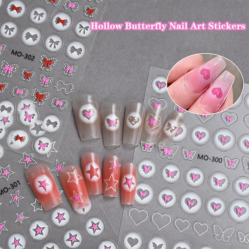 Witte Doorschijnende Holle Vlinder Hart Nail Sticker Pers Op Nagels Emblemen Holle Hart Ster Vorm Sticker Schuifregelaars