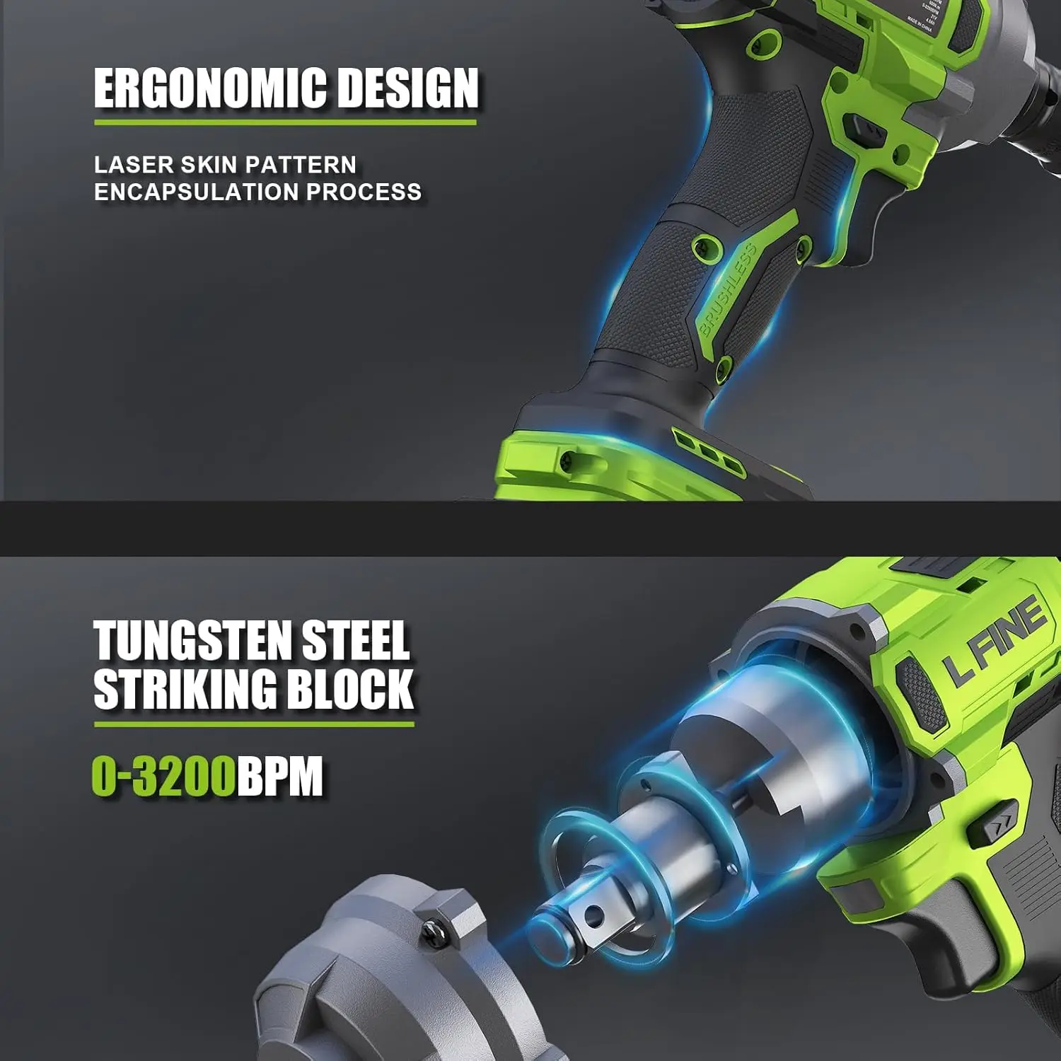 コードレスインパクトレンチ 1/2インチ 600N.m、3200RPM ブラシレスモーター、4.0Ahバッテリー2個、5個のソケット、充電器