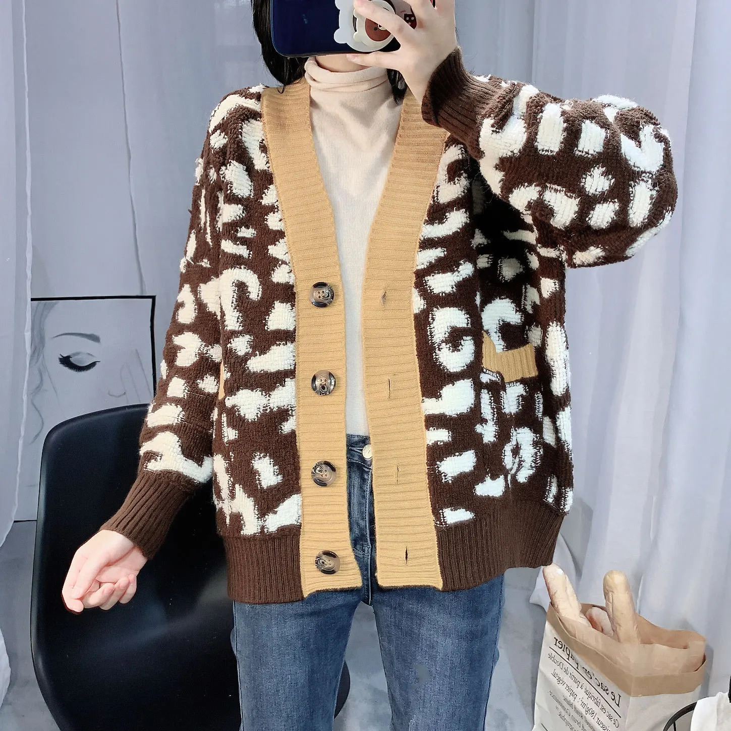 Autumn Women Fashion Long Sweater Loose Cardigans Leopard Casual Cardigans Red Yellow Oversized Knitted Jacket Outwear Winter