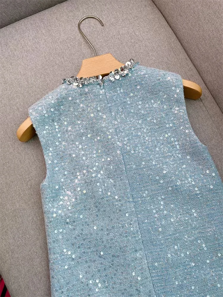 Spring Autumn New Fashion Blue Sequins Decoration Tank Dress Women Elegant Round Neck Hollow Out Sleeveless Beading Mini Dress