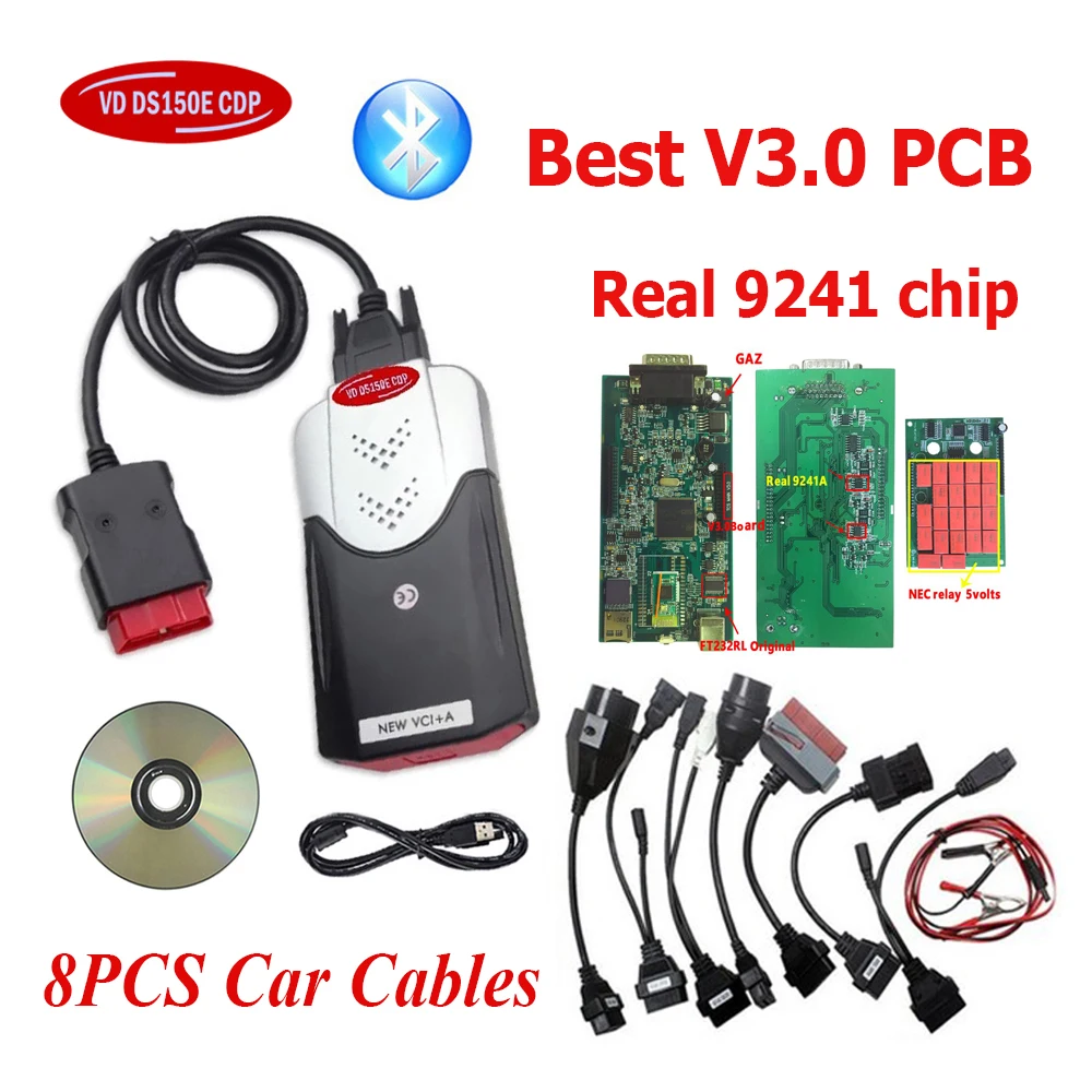 Best Quality V3.0 PCB 9241 Chip Bluetooth 2021.11 VD DS150E CDP for TNESF DELPHIS ORPDC Obd2 Car Truck SCANNER + 8PCS CAR Cables