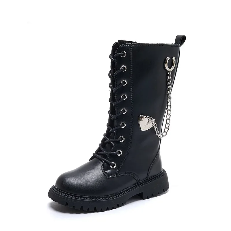 Girls\' Shoes Winter 2024 New Fashion Metal Chain British Style Children\'s Leather Boots Kids Anti-slip Princess Mid Calf Boots