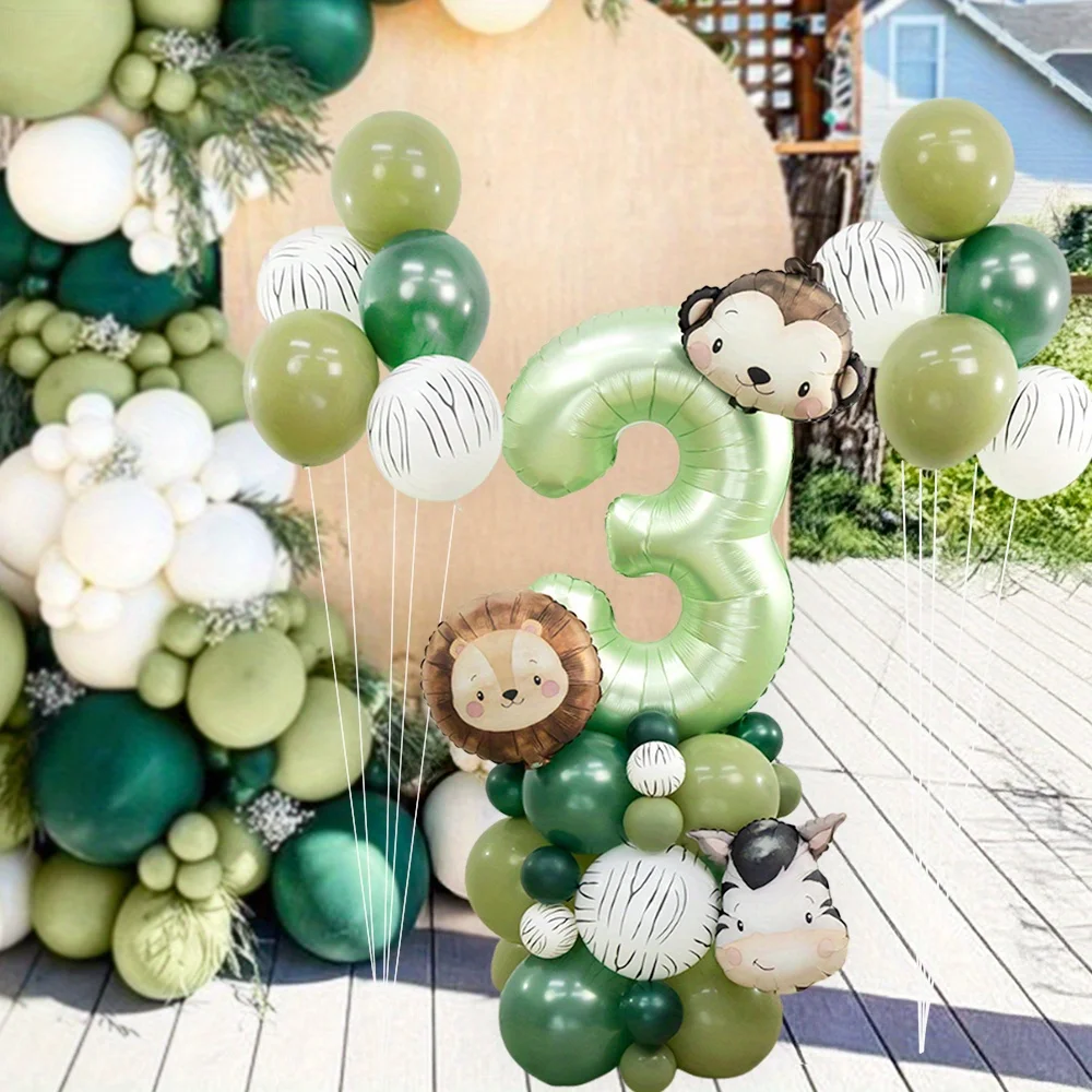 40 Uds. Torre de globos de animales de cartón, globo con números verdes Vintage para niños, decoraciones para fiesta de cumpleaños de bosque salvaje, Safari en la jungla