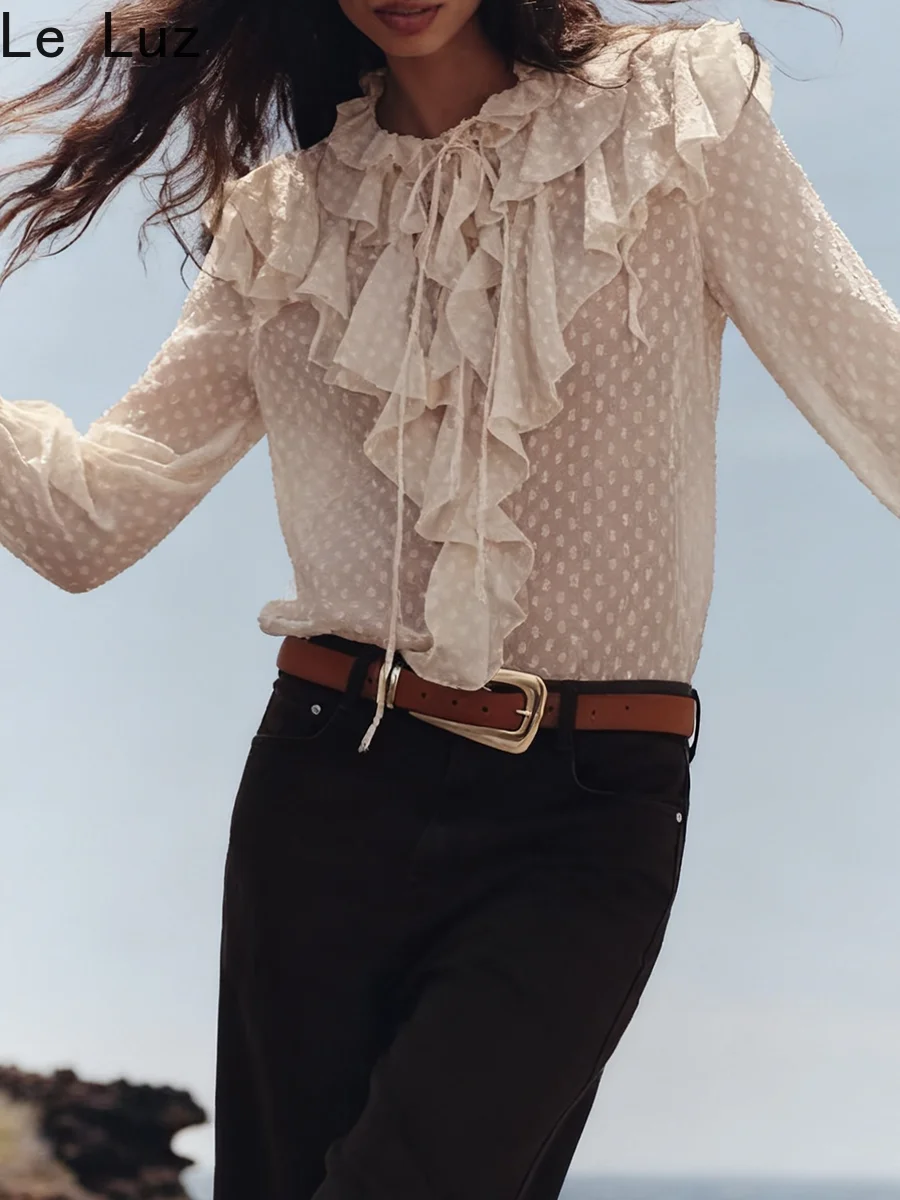 

Бежевая женская рубашка во французском стиле с оборками, блузка в сетку, тонкая весенне-осенняя повседневная прозрачная сексуальная повседневная женская рубашка, топы, новинка