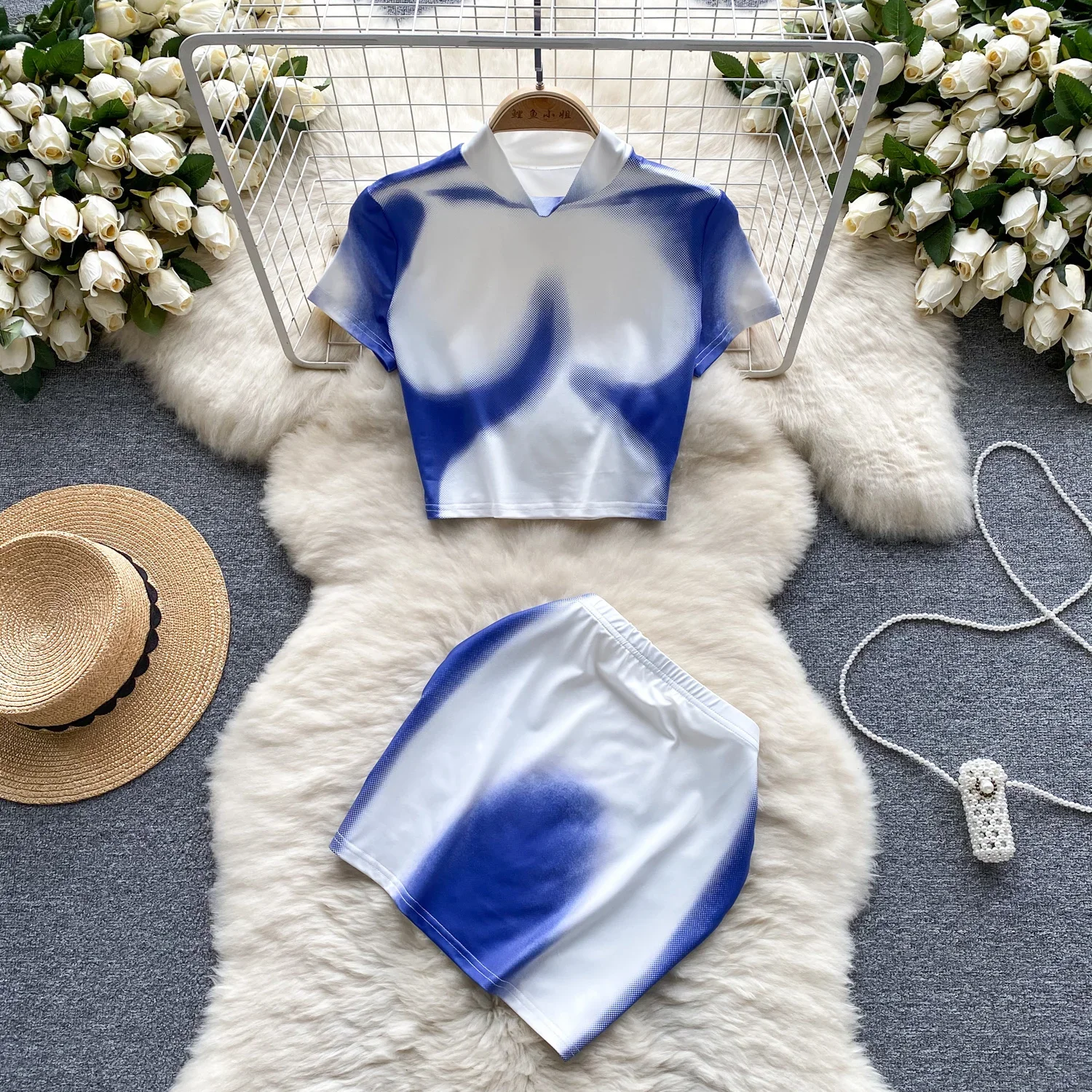 

ssTss Women Summer Short Skirt Set Chic Printed Stand Collar Short Sleeve Crop Top and Elastic Waist Mini Bodycon Skirt Suits