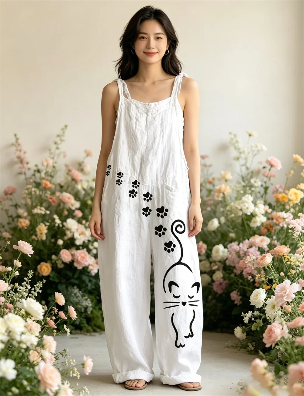 2026 Women's new purple pink gradient cat riding magic broom print comfortable jumpsuit, off shoulder sleeveless loose jumpsuit