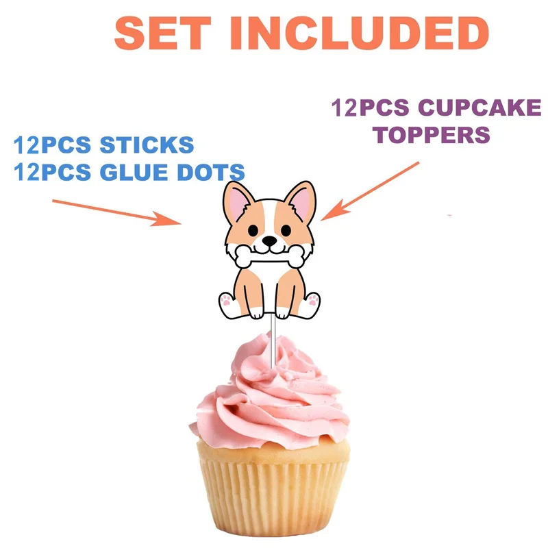 12/24 Pcs Cute Corgi Cupcake Toppers, Cupcake Picks with Glue Dots, Cake Decorations Set for Birthday Party Favors Ornament