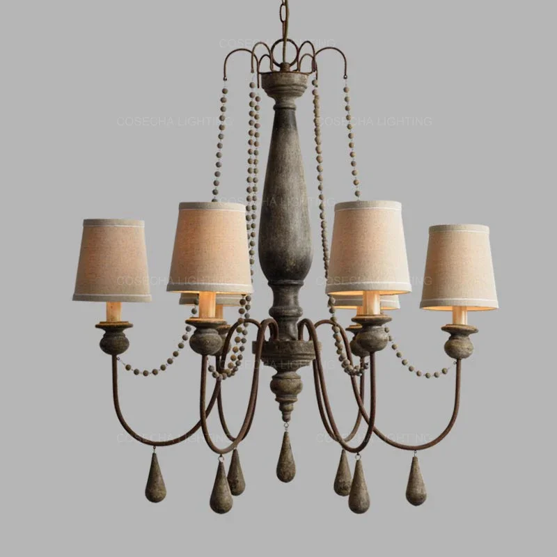 French Grey Wood Farmhouse Chandelier Vintage Wooden Beaded Chandelier Fabric Shade For Bedroom Livingroom Nursery Hallway Foyer