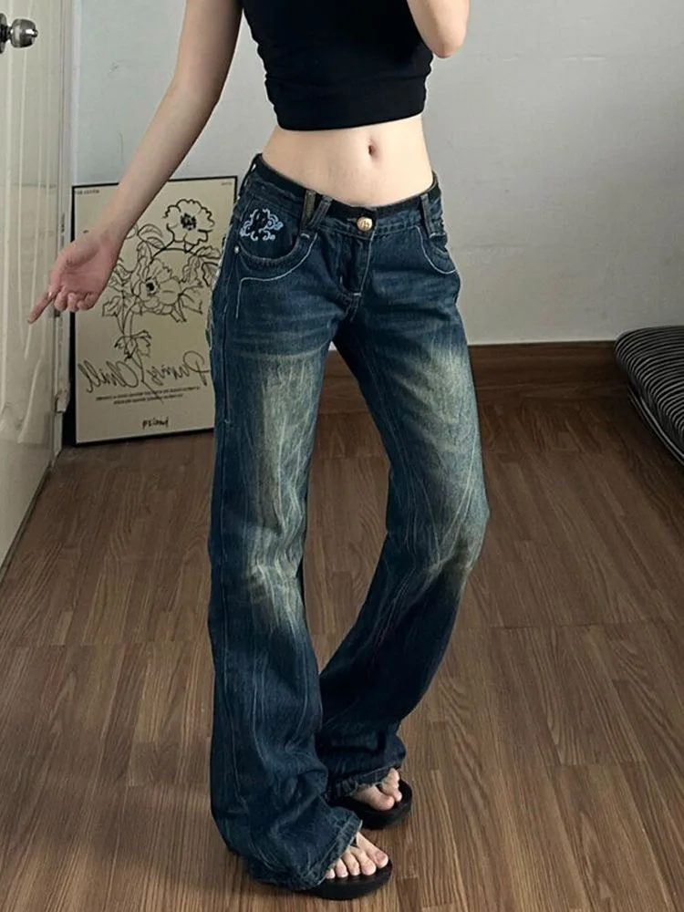 Women's Blue Embroidered Butterfly Casual Jeans Y2K Japanese Harajuku Aesthetic High Street Vintage Denim Long Trousers