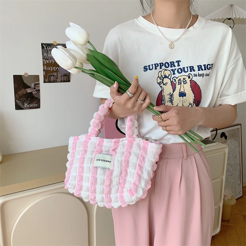 Korean Version Ins Style Fashion Bubble Hand Tote Bag Large Capacity Handbag Women Fabric Carry-on Bag For Daily Commute