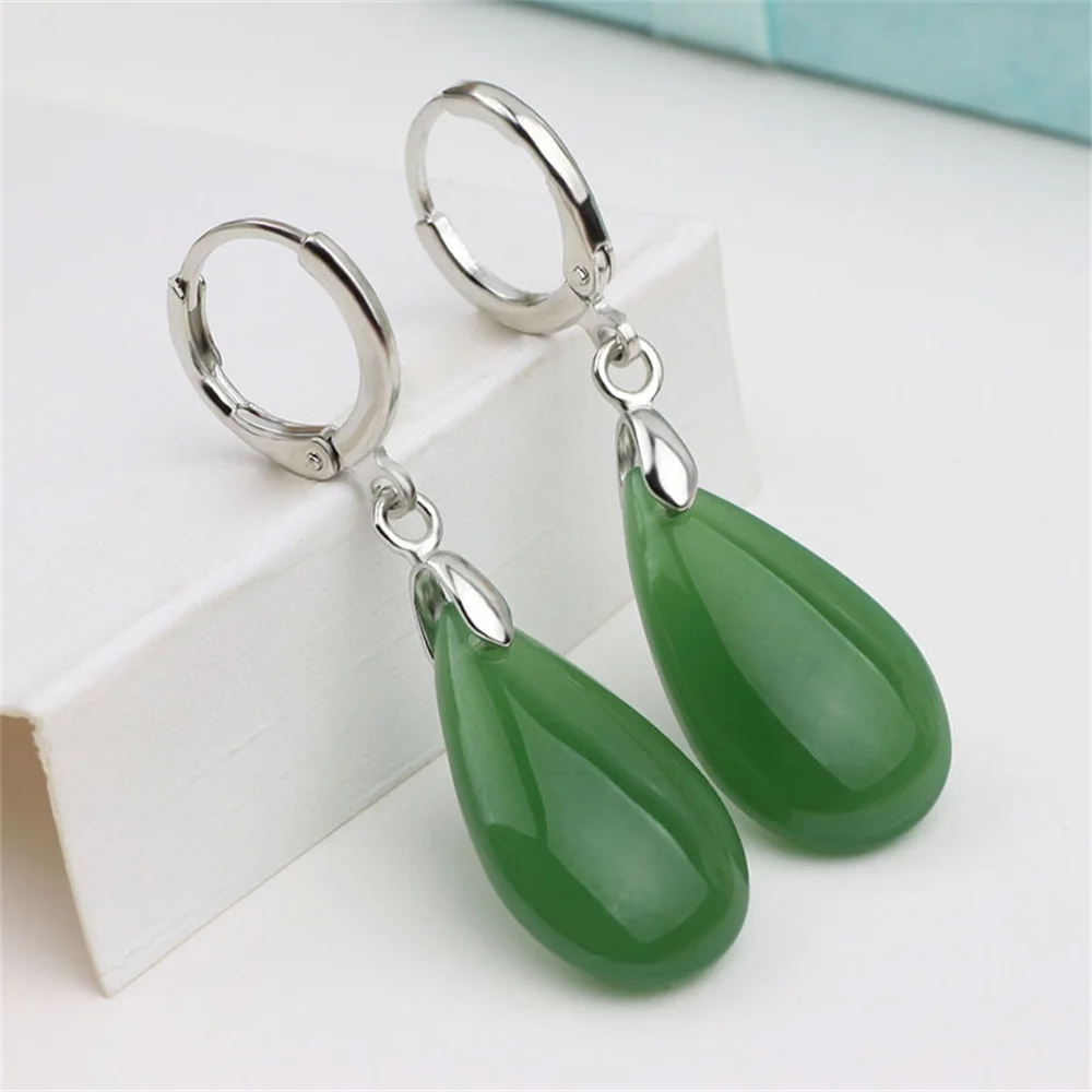 Natural White Green Jade Water Drop Hoop Earring for Woman Trendy Jade Dangle Earrings Vintage Stone Bridal Jewelry Girl's Gift