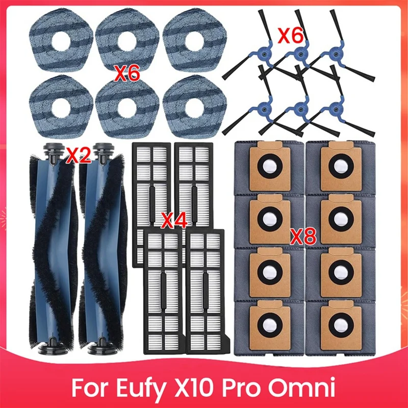 

ABAE-For Eufy X10 Pro Omni Robot Vacuum Parts Main Roller Side Brush Filter Mop Cloth Dust Bags Accessories Kit